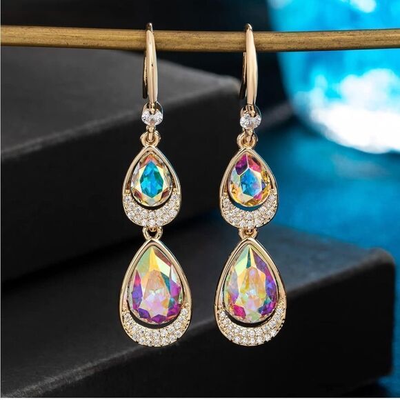 14K Yellow Gold with Iridescent AB Austrian Crystal Double Teardrop Earrings - Picture 4 of 6